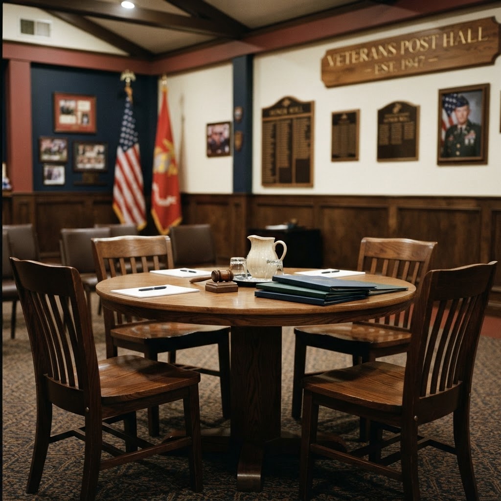 Committee folders and a gavel arranged on a small round meeting table