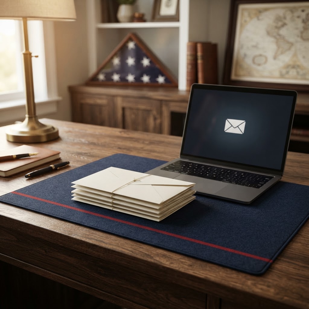 A stack of sealed envelopes beside a laptop displaying an email icon