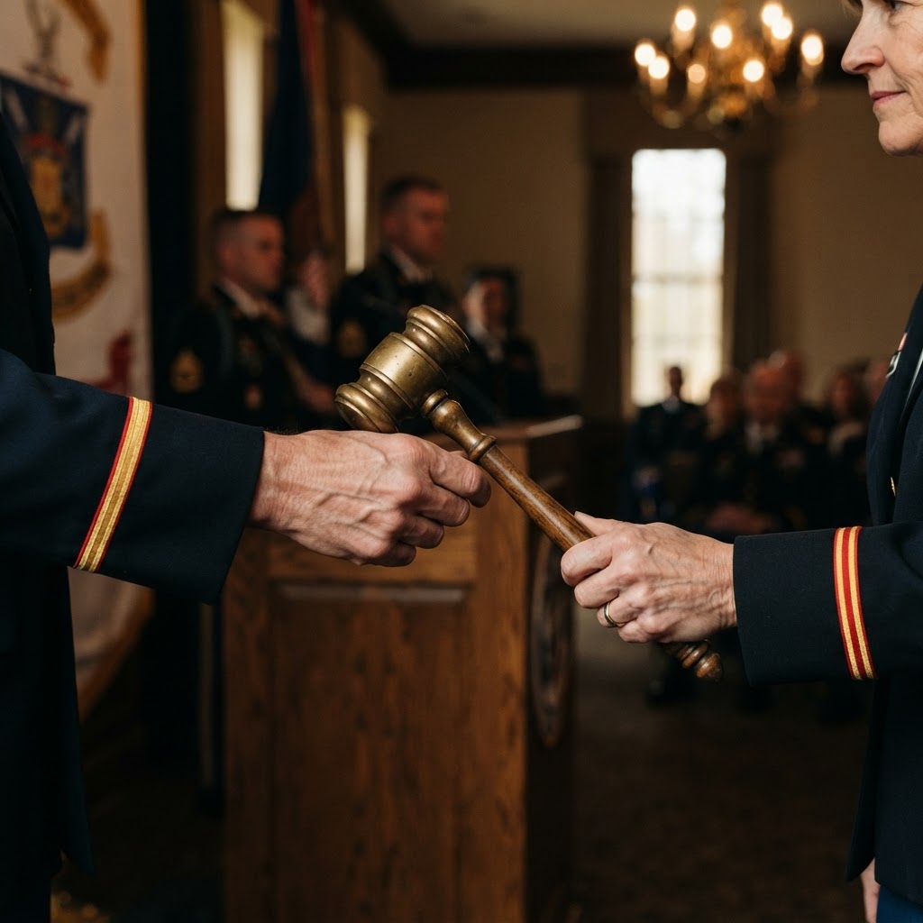 Two hands mid-handoff of a ceremonial brass gavel