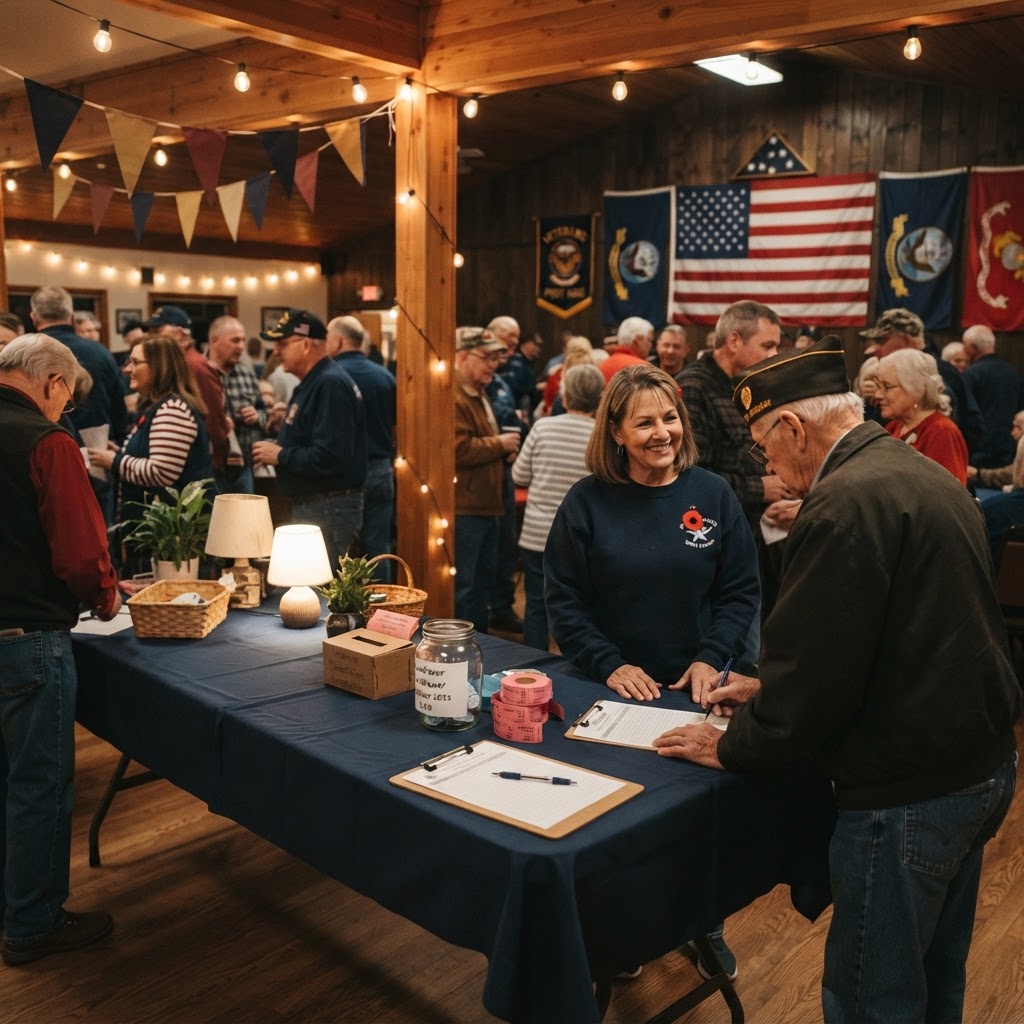 A folding table with string lights and an American flag set up for a post fundraiser