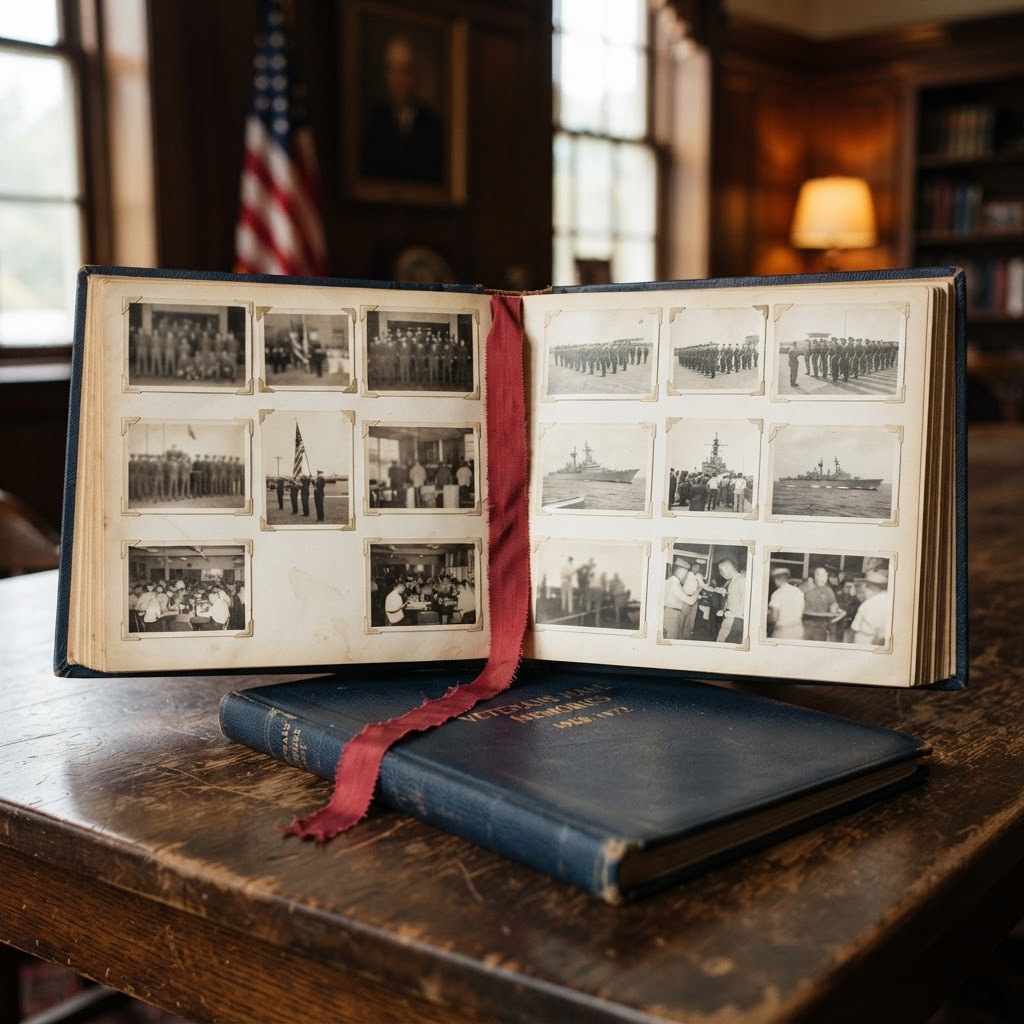 An open leather yearbook album with a red ribbon bookmark on a wooden table