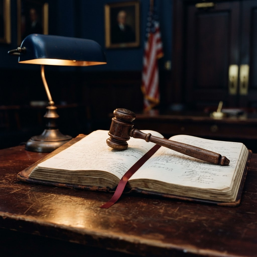 A gavel resting on an open meeting ledger with handwritten agenda pages