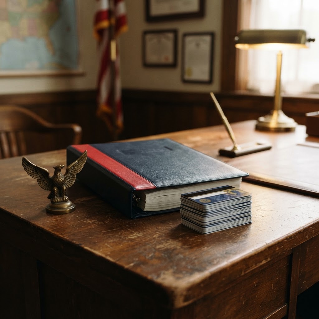 A membership roster binder and stacked membership ID cards on a desk